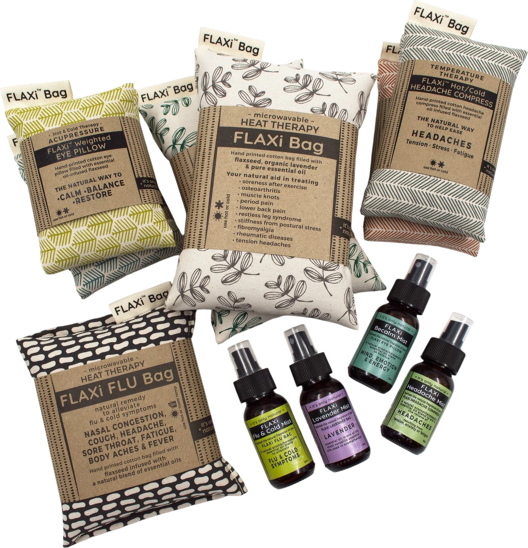 FLAXi collection of natural heat therapy products and refresh mists